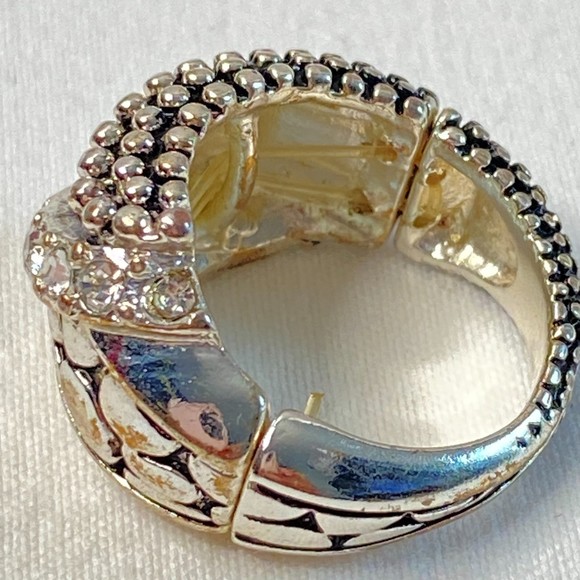 Ornate Silver Tone Ring Clear Stones Adjustable Stretch - Picture 4 of 9